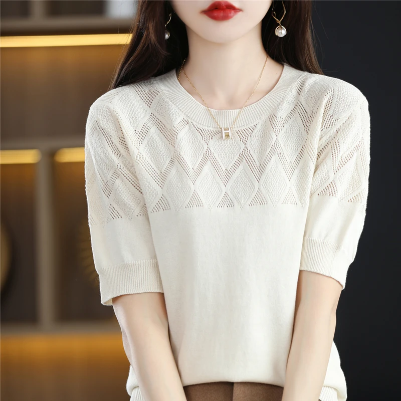 

100% Cotton T-Shirt Ladies Summer Hollow Knit O-Neck Short Sleeve Thin Sweater T-Shirt Women's Pullover Cotton Top Hot Sale