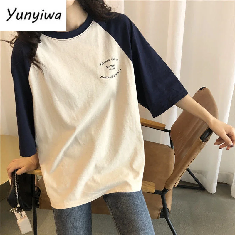 

Women 5 Quarter Short Raglan Sleeve T-shirts Casual Patchwork Loose Oversize O-neck Lazy Korean Style Simple Vintage Ulzzang INS