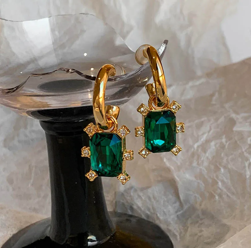 

GIRLS summer new Vintage colored gems pendant earrings women's luxury niche design sparkling sweet geometry eardrop