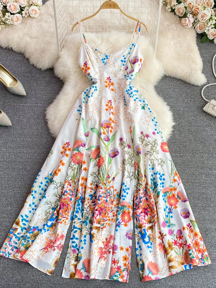 

FMFSSOM Summer Vintage Casual Spaghetti Strap Print High Waist Slim Sexy Split Dress Stylish Elegant Sleeveless A-Line Dresses