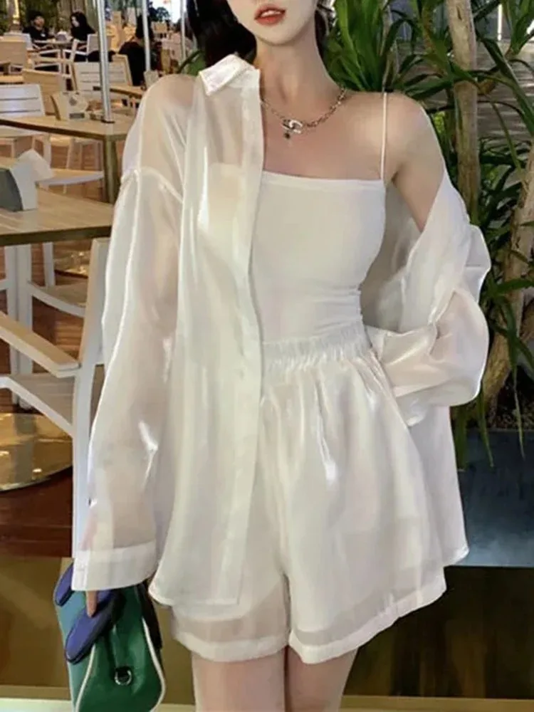 Модные прозрачные женские повседневные шорты с высокой талией комплект из двух