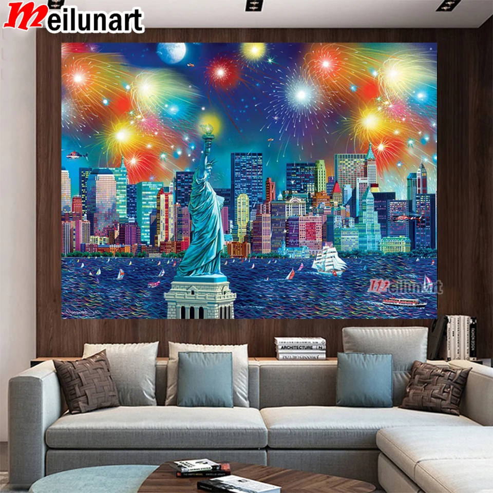 

Алмазная 5D картина «сделай сам», вышивка «Свобода», Новое поступление, здание ночного вида, Стразы ручной работы, фейерверк, декор AS2517