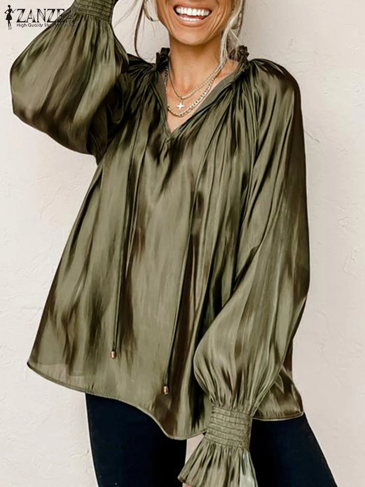

ZANZEA Fashion Long Sleeve Blusas Casual Party Office Baggy Bright Shirts Elegant Blouse For Women 2022 Spring Solid Satin Tops