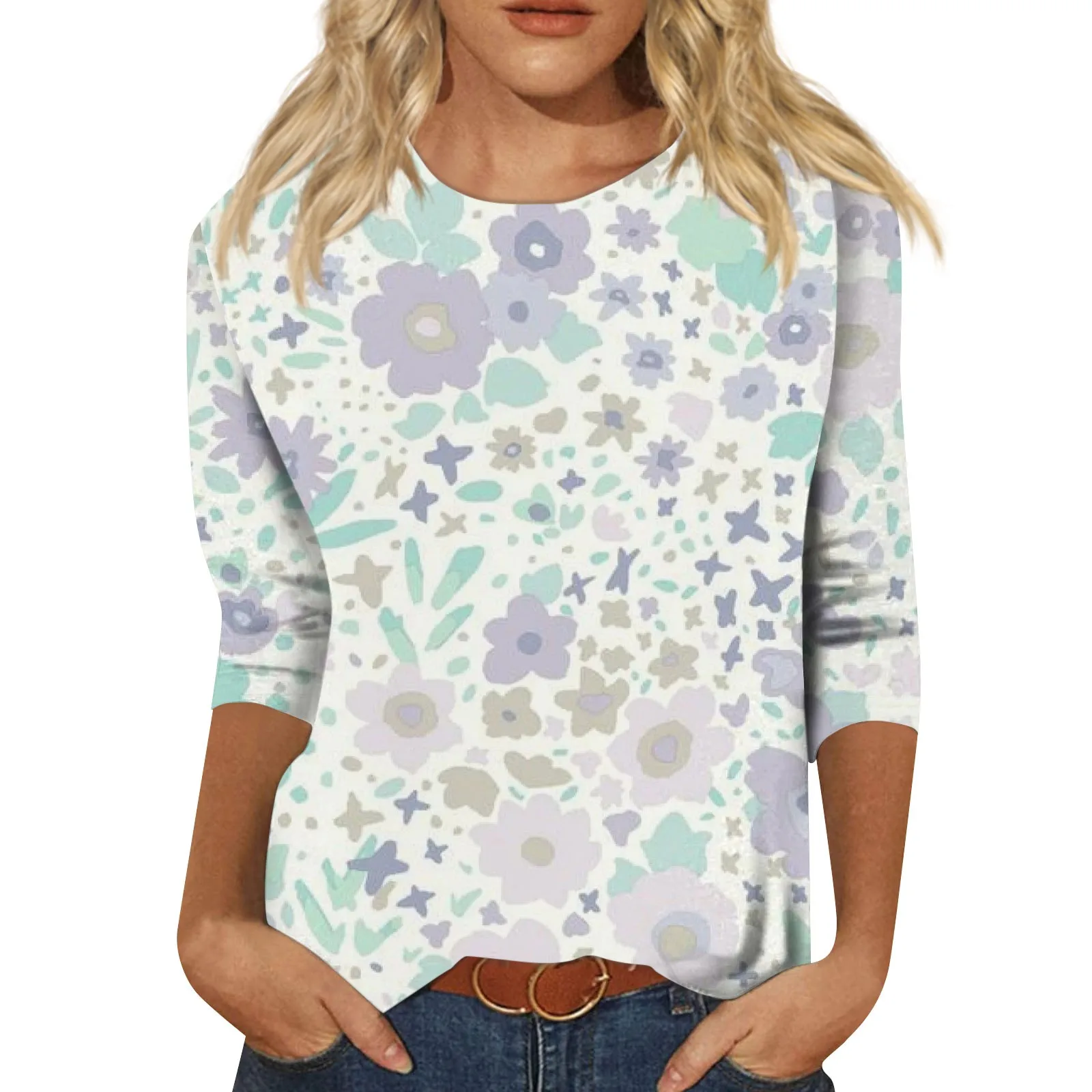 

Women'S Floral Printed Blouse Fashion Casual Three Quarter Sleeve Tops 2023 Round Neck Pullover Sweatshirt Autumn Jumper Top