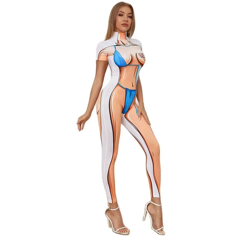 

Foreign Trade Cross Border Summer New Women's Fashion Color Contrast Print Tight Sports Jumpsuit