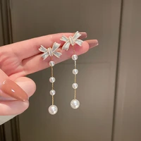 korean earings fashion jewelry all match bow statement earrings long simulation pearl earrings for women pendientes