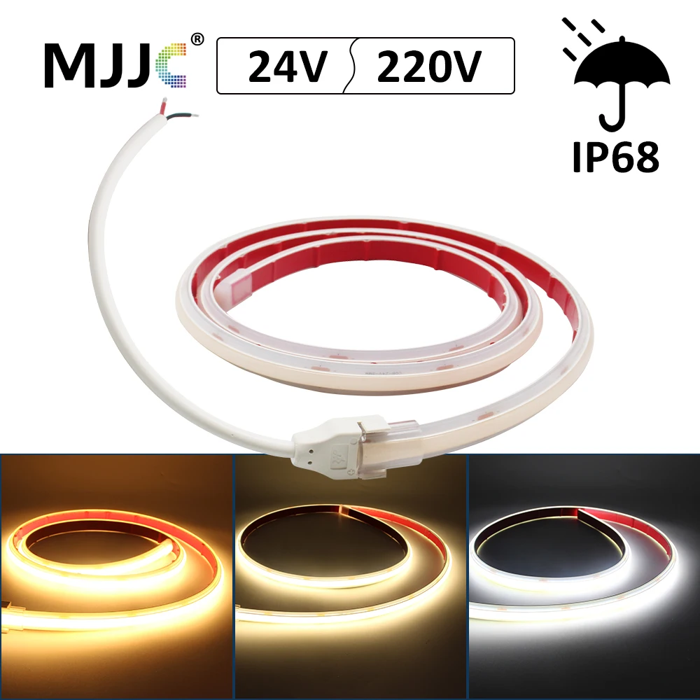 Фото AC 220V COB Strip DC 24V 312Leds/m IP68 Водонепроницаемая 3000K 4000K 6000K Гибкая лента Светодиодный светильник Диодная лента Лампа Линейное освещение №1