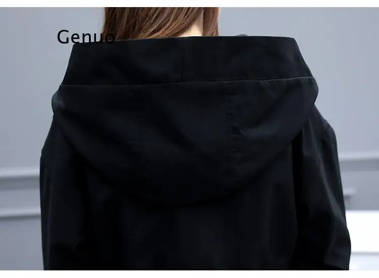 Trench Coats Women Autumn Winter Hooded Drawstring Pocket Zipper Long Outwear  Elegant Ladies Thicken Windbreaker Coats