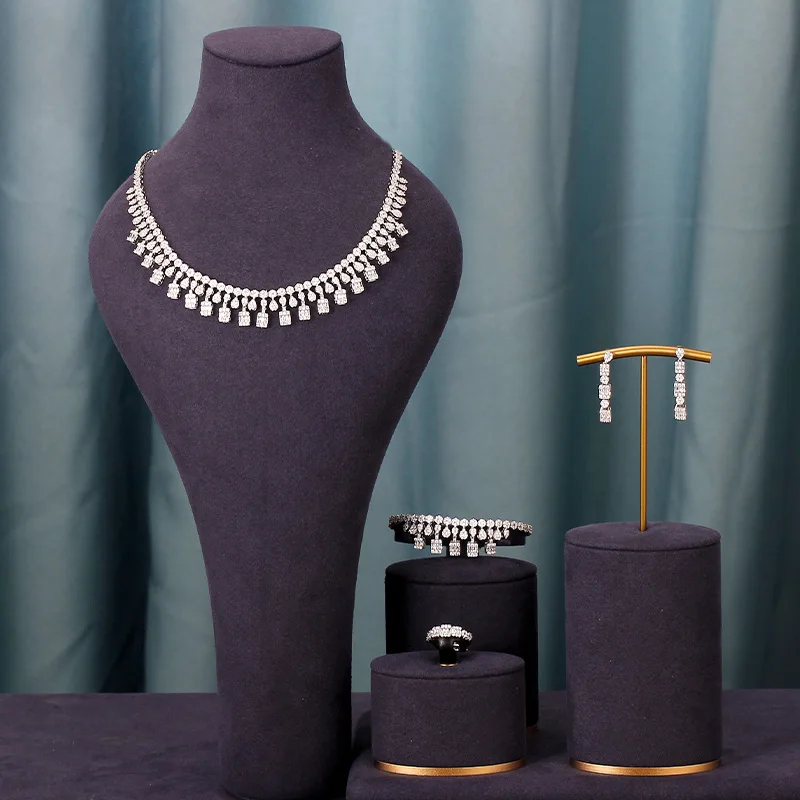 

Роскошный свадебный полный комплект ювелирных изделий, модные багетты с фианитами для женщин, 4 шт., аксессуары Дубаи для свадебной вечеринки