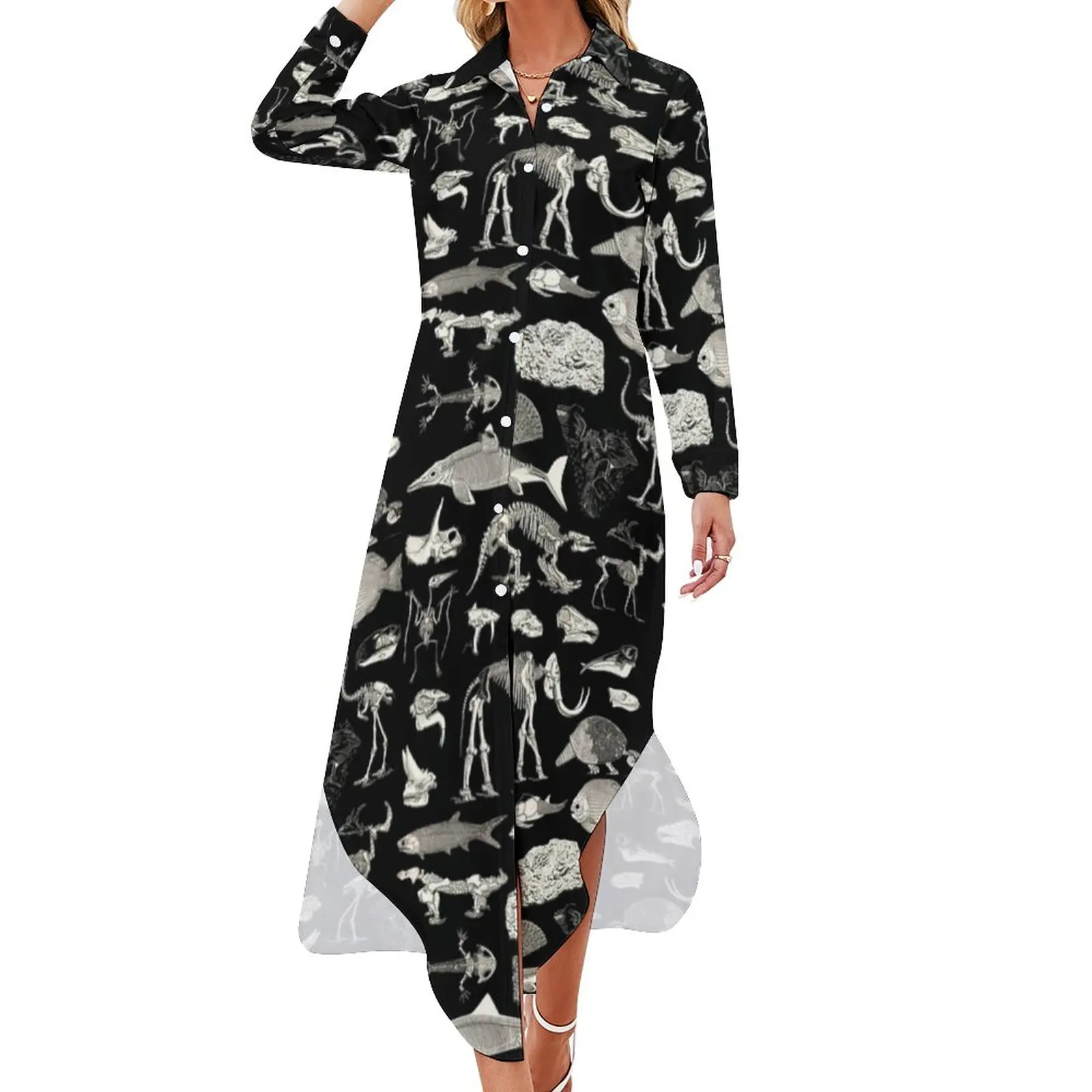 

Various Skeletons Chiffon Dress Paleontology Print Cute Dresses Women Long Sleeve Stylish V Neck Trendy Oversized Casual Dress