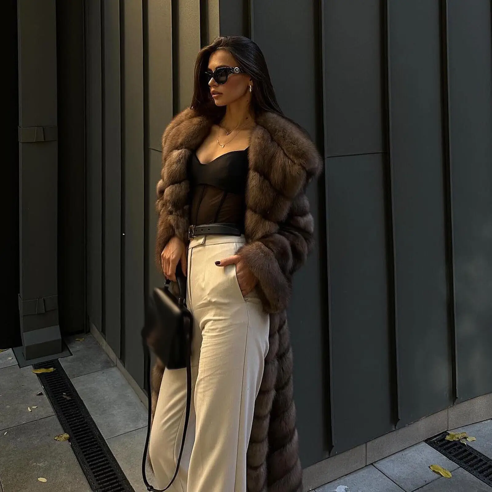 Женская мода собольного цвета пальто из натурального лисьего меха зимняя