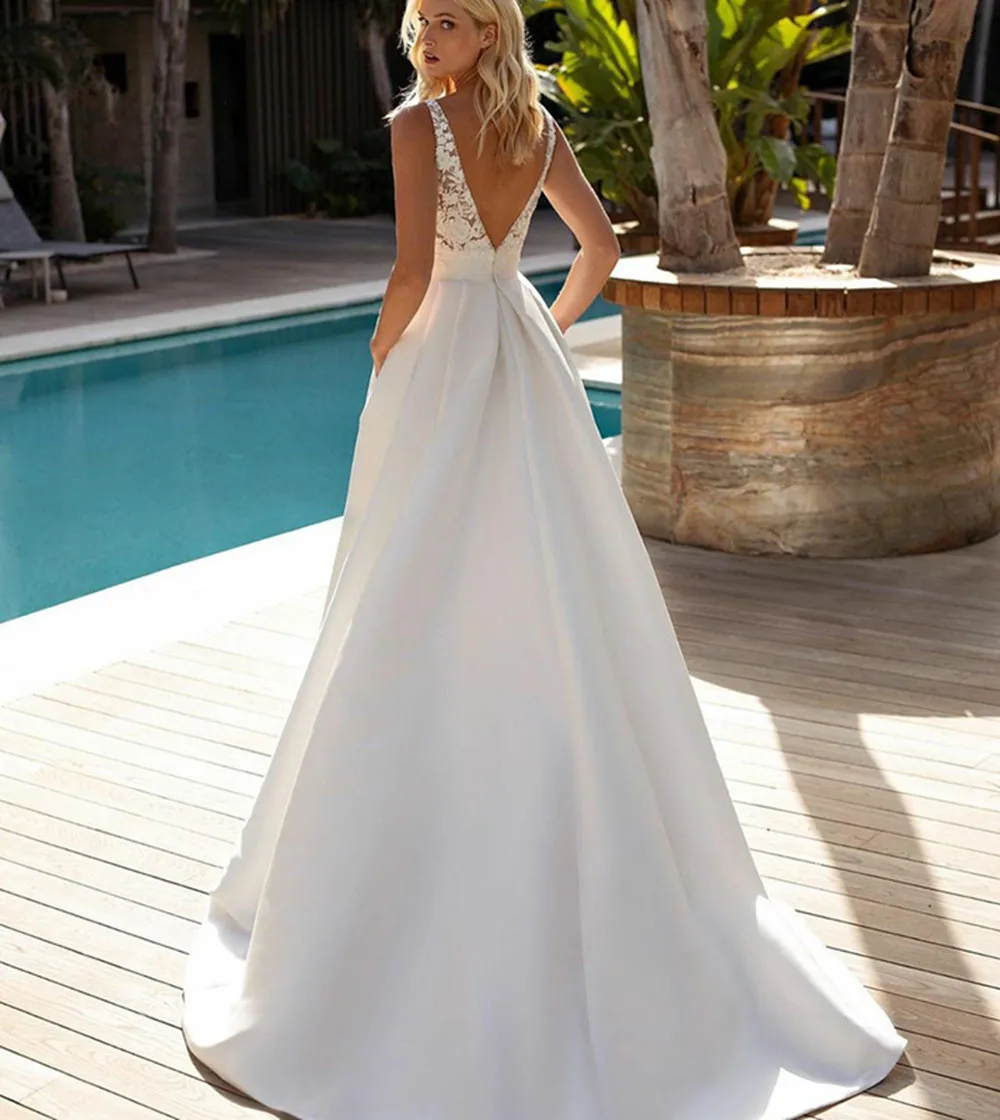 

Simple Stain Wedding Dress With Pocket V-Neck Sleeveless Open Back Lace Sweep Train Bridal Gown Vestido De Novia Custom Made