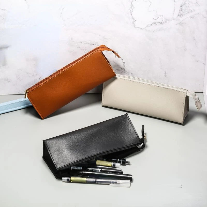Large Capacity PU Leather Pen Pencil Bag Simple Vintage Color Case Storage Zipper Pouch for Pens Stationery School Supplies