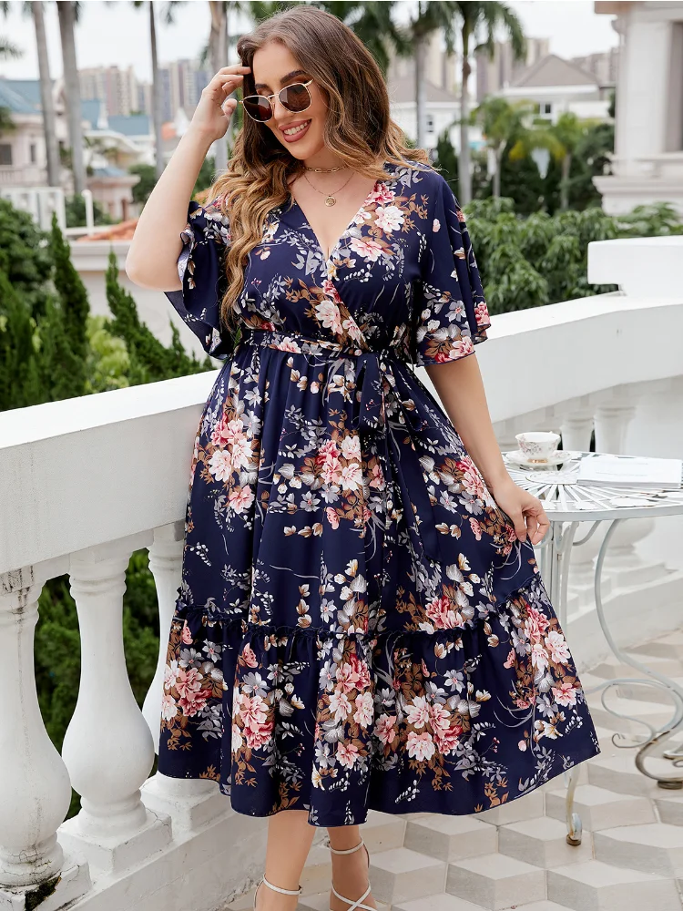 Summer V-neck navy blue print plus size dress plus size women clothing  party dresses  summer dress