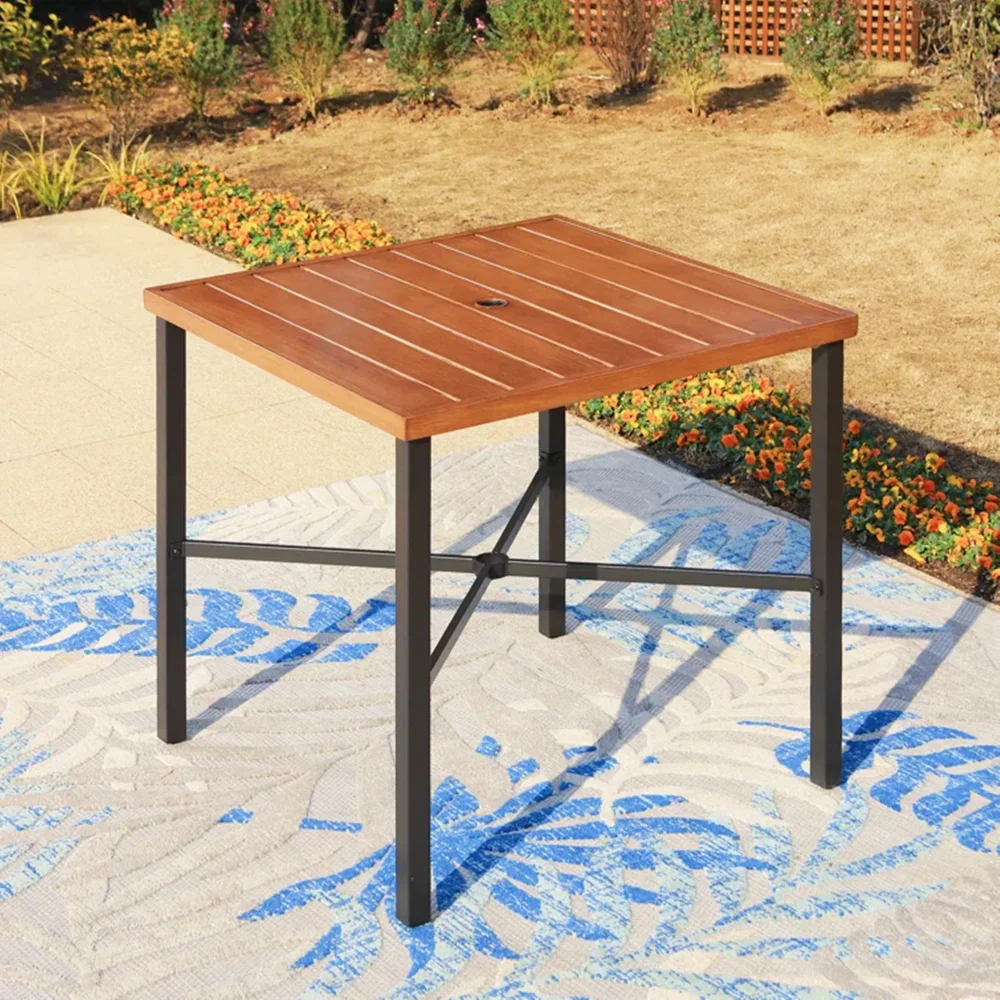 

Уличный высокий стол для паба, деревянный стол для бистро, барный стол с металлической рамой и зонтичным отверстием, черный