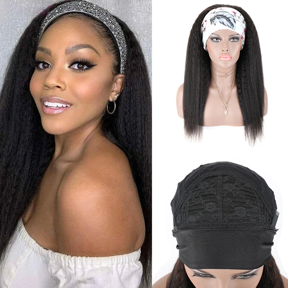 Kinky Straight Headband Wig 100% Human Hair Glueless Wig with HeadBand Brazilian Yaki Headband Human Hair Wigs for Black Women