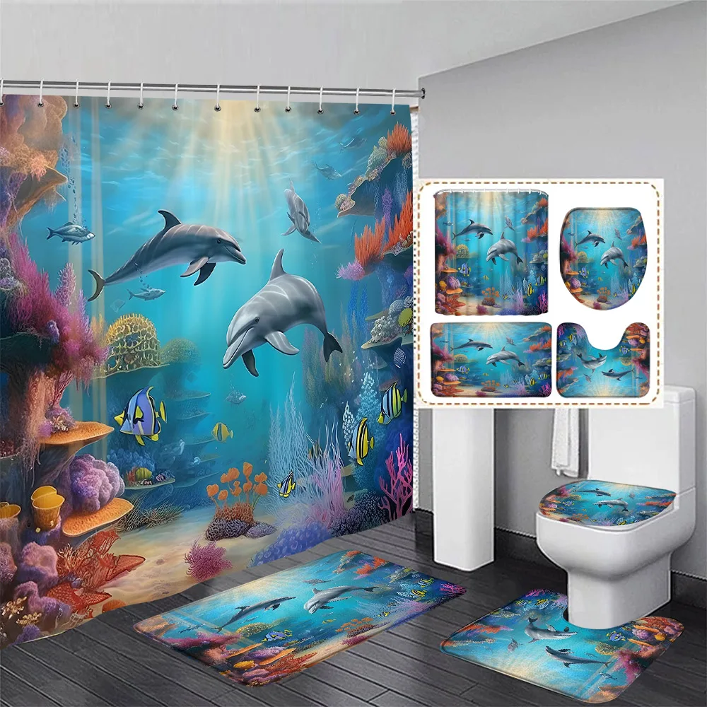 Cartoon Dolphin Shower Curtain Set Funny Ocean Animal Fish Coral Underwater Scenery Bathroom Decor Bath Mat Rug Toilet Lid Cover