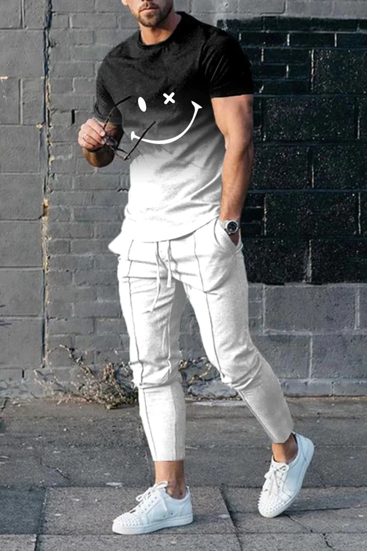 Men's Fashion T-Shirt Smiley Gradient Sport 3D Printed Men's Sets Casual Suit