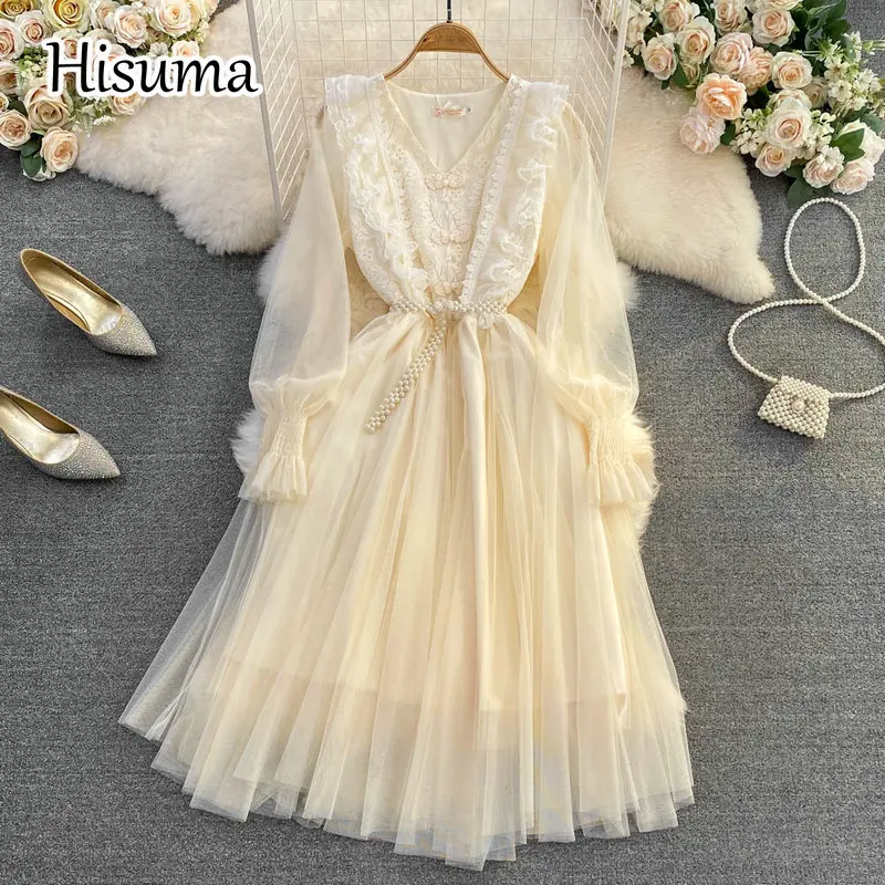 

Женское кружевное платье-трапеция с V-образным вырезом, рукавами-фонариками и оборками, шикарные сетчатые праздничные платья с поясом, весн...