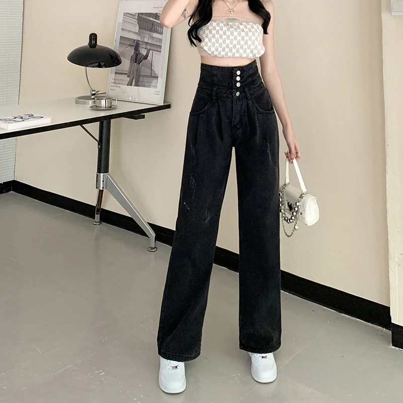 Single-Breasted Jeans Women Fashion Black High Waist Buttons Denim Pants 2022 New Wide Leg High Street Trousers Side Pocket S-XL