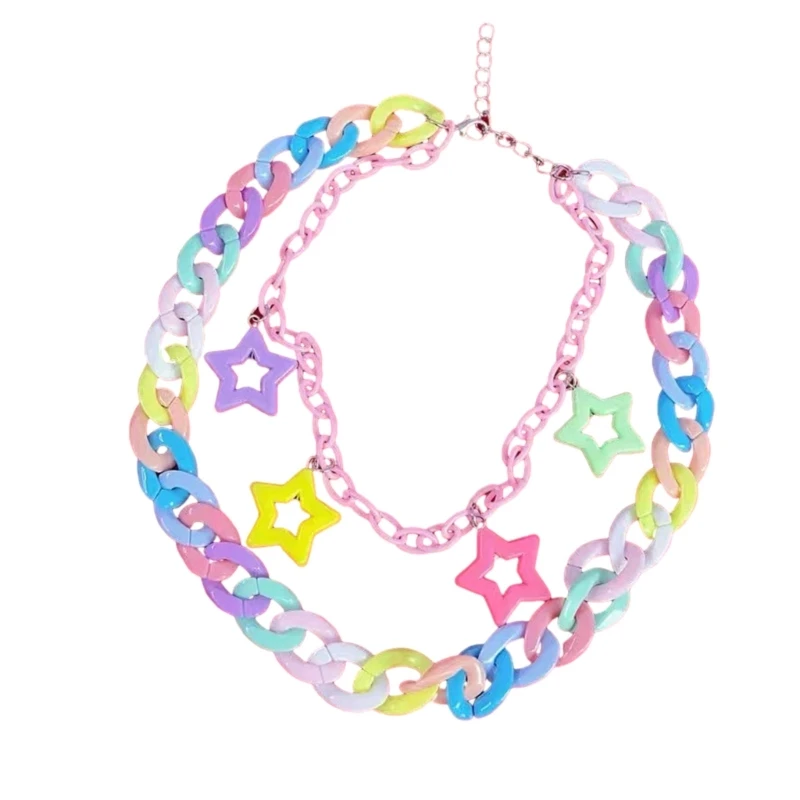 

E0BF Y2K Star Pendant Necklace Sweet Cool Collar Necklace Colorful Acrylic Chain Double Layer Choker Fashion Jewelry