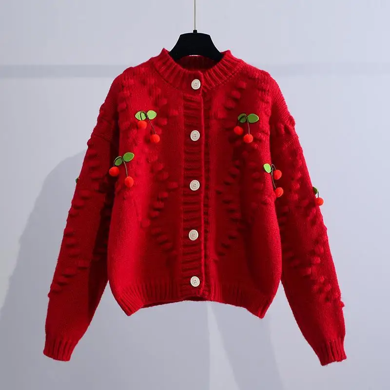 

2022 Woman Cardigan Fashion Button Long-Sleeved Embroidered Cherry Knitted Casual Sweater Cardigans Female Jacket Coat D34