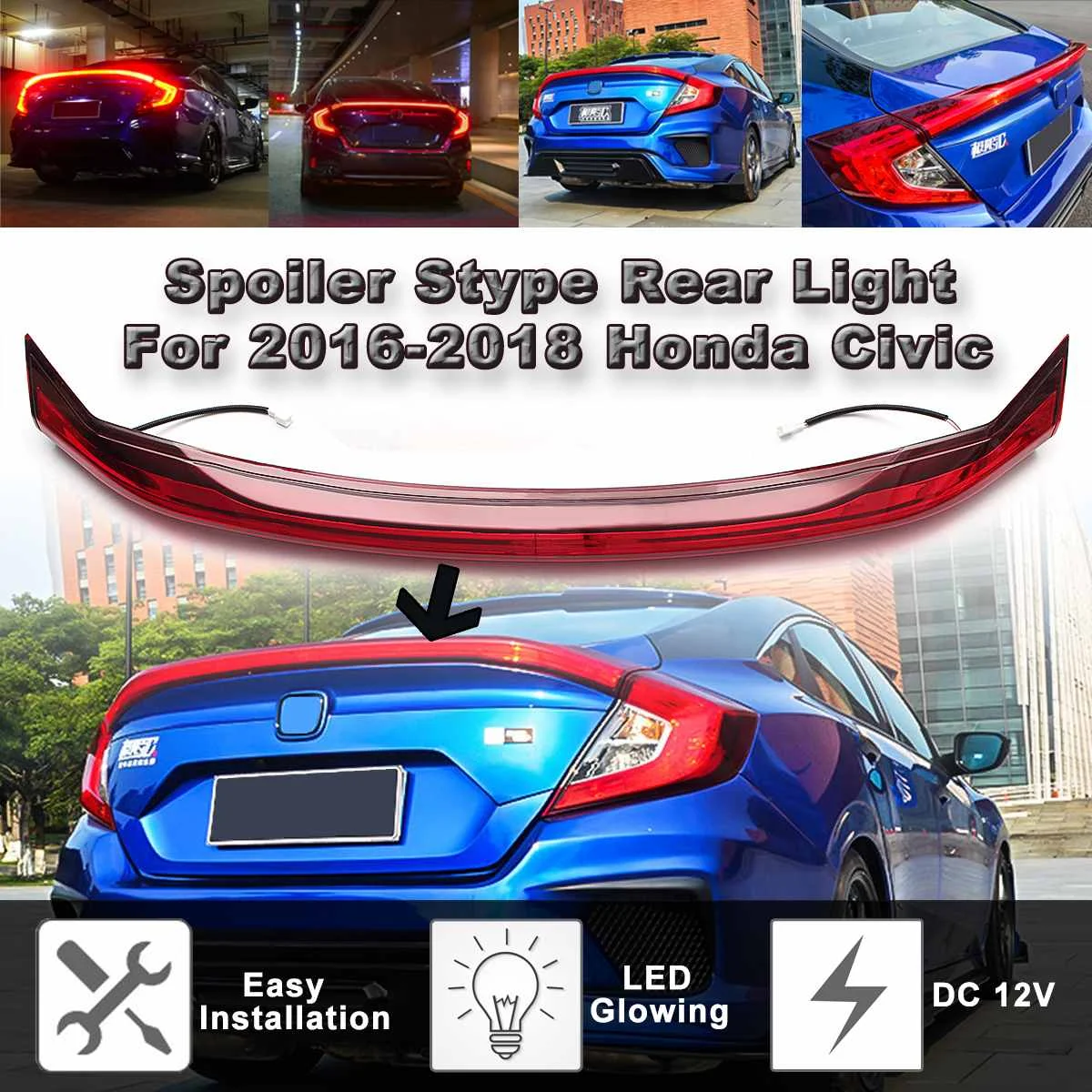 

Car LED Spoiler Lights With Rear Brake Lamp For Honda for Civic 2016-2017 Tail Brake Stop Light Rear Trunk Spoiler Lip Wing