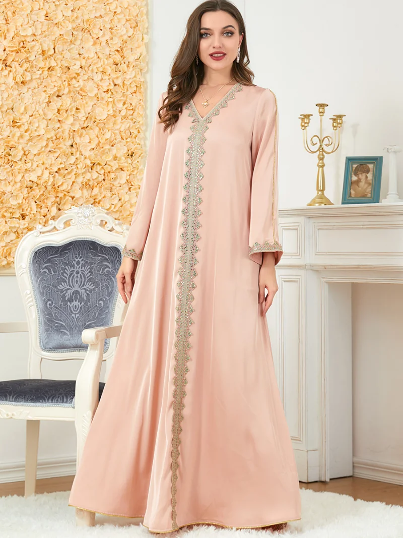 Abayas For Women V-Neck Long Sleeve Lace Embroidery A-Line Dress Muslim Fashion Dubai Abaya Long Dresses Women Autumn 2022