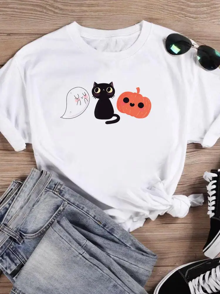 

T-shirts Print Top Halloween Thanksgiving Festival Women Cat Pumpkin Funny Female Fall Autumn Clothing Short Sleeve Graphic Tee