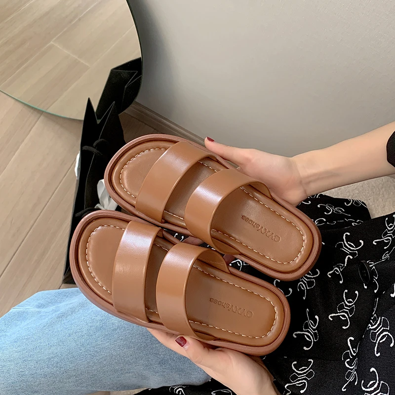 2023 New Summer Women's Shoes Fashion Leather PU Girls Slippers Flat Shoes Casual Slippers Outside Women Slippers Female Sandals