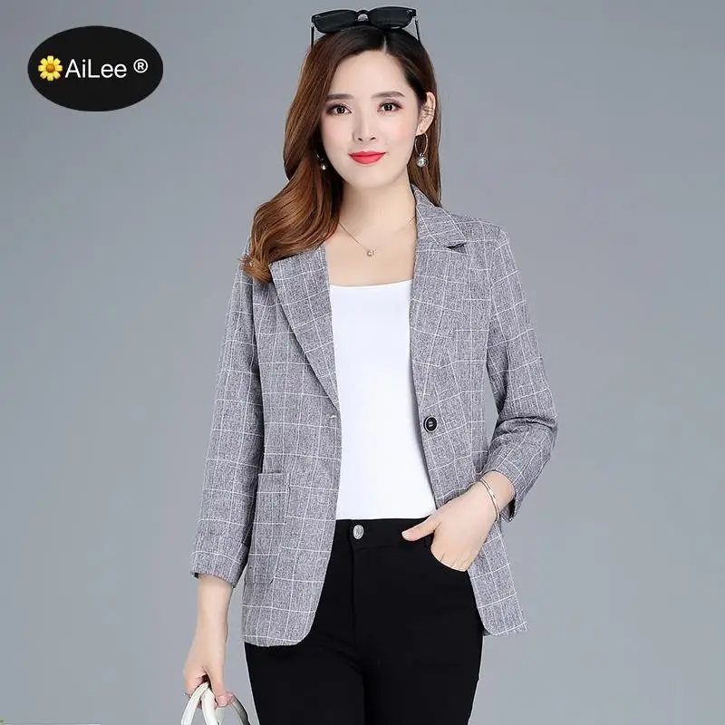 Big Size Elegant Long Sleeve Slim Blazer Jacket Women Casual Gray Outwear Spring Autumn Lady Office Business Suit Blazer Plaid