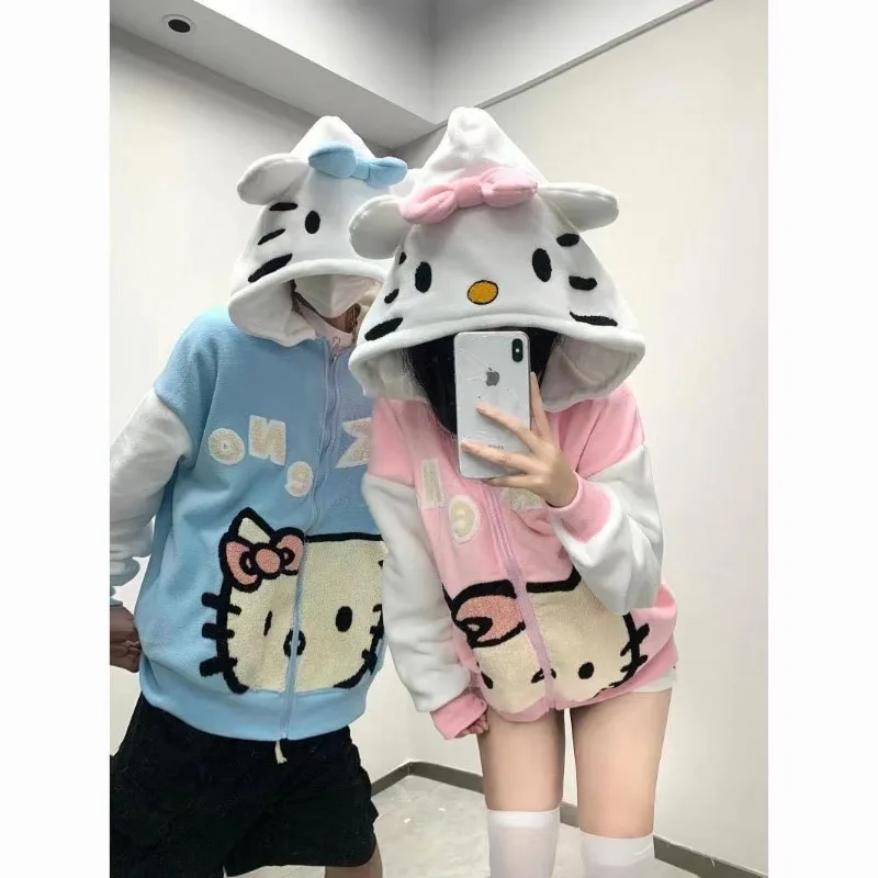 

Sanrio anime cartoon kawaii Hello Kitty lamb velvet hooded sweatshirt for women autumn and winter plus velvet couple loose coat