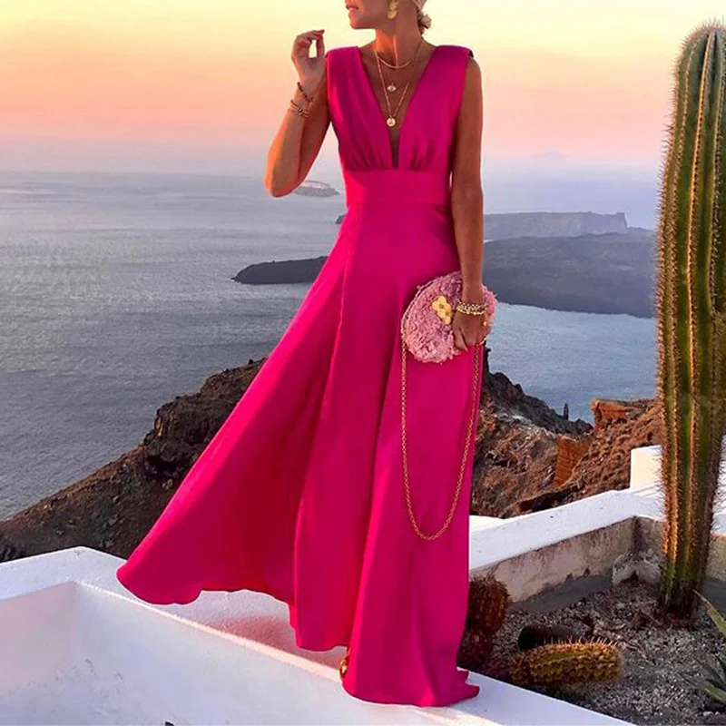 

Женское элегантное однотонное платье с V-образным вырезом, Привлекательное Женское пляжное платье без рукавов с открытой спиной, винтажное женское летнее платье, Vestid 2023