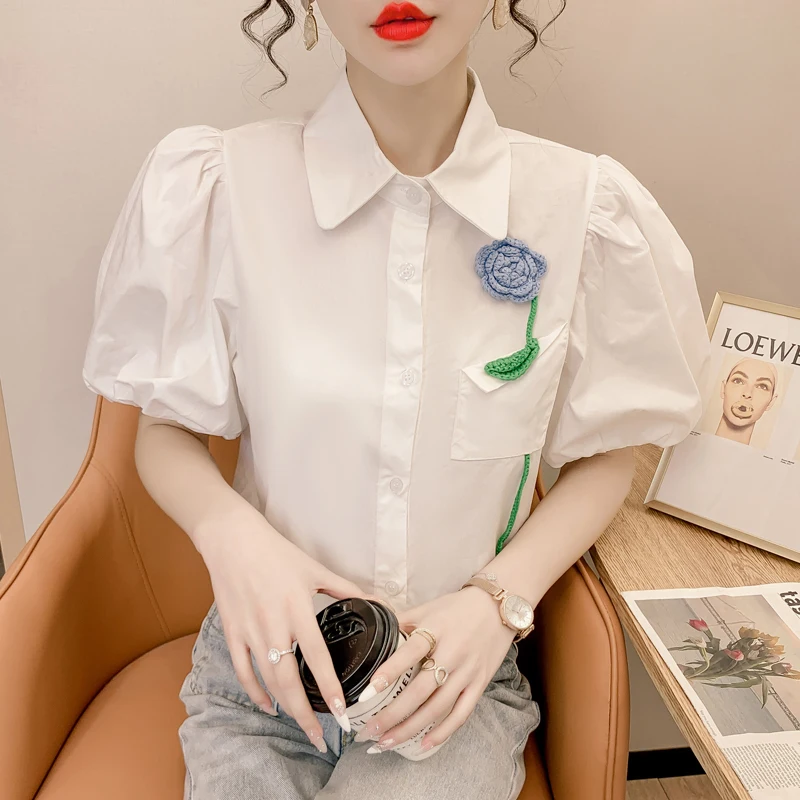 

Summer New Fashion Tops Women Korean Flower Shirts Puff Sleeve Loose Polo Neck White Pink Blouses Camisas Blusa Feminina 968C