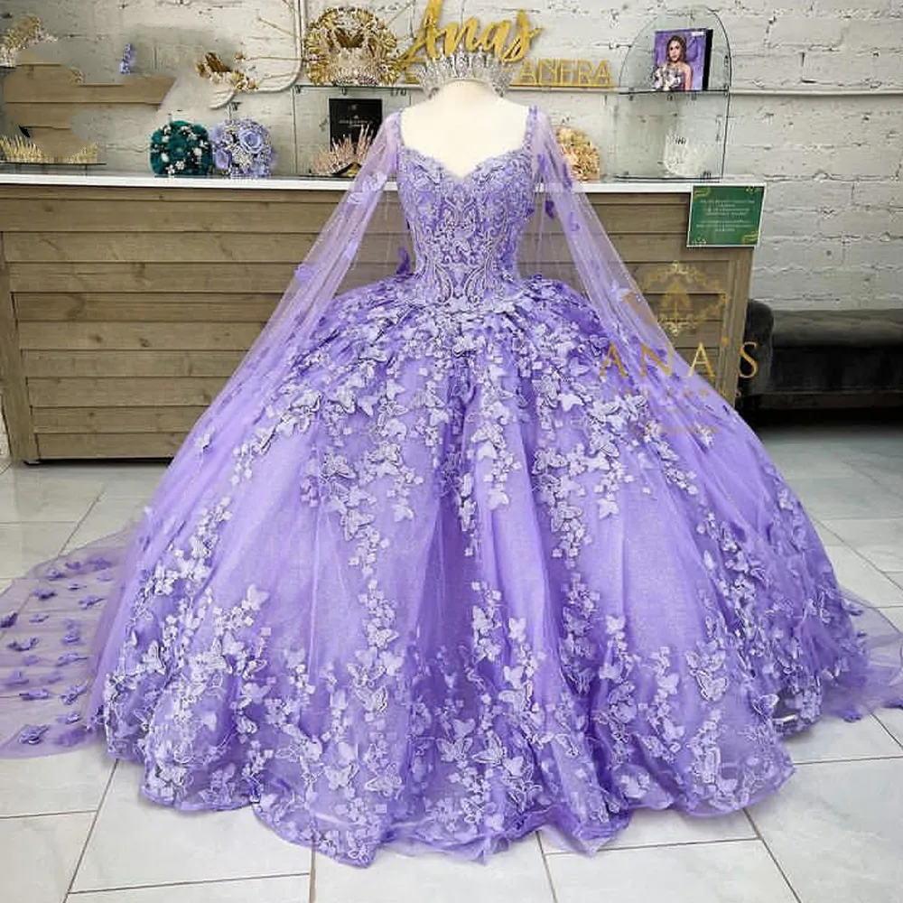 Romantische Schmetterling lila lavendel Quinceanera Kleider mit Cape Wrap Kaftan Perlen Lace-up korsett prom Süße 16 Kleid Vestidos