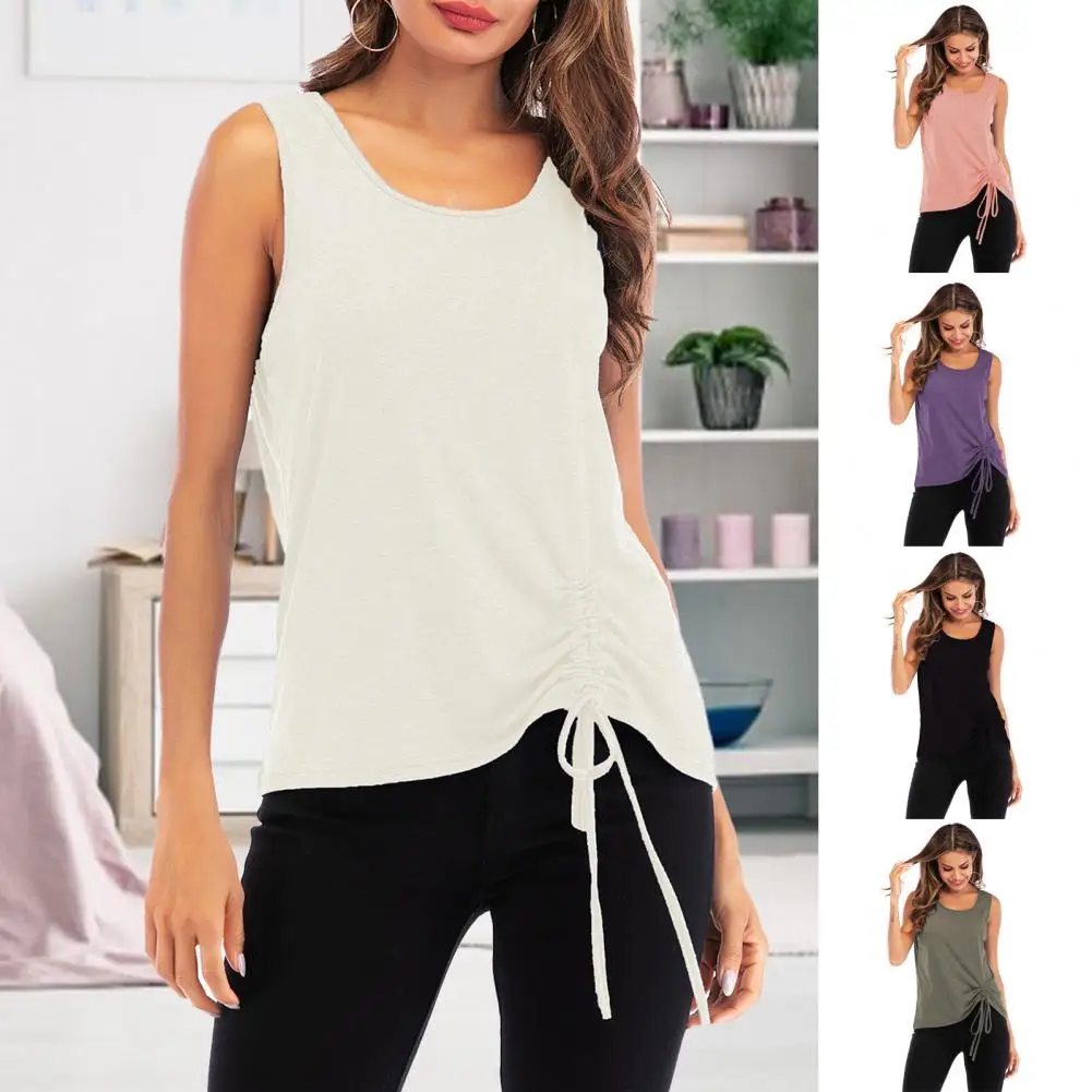 

New in T Shirt Women's O-Neck Sleeveless Thin Drawstring Hem Summer Vest Lady Casual Solid Color Loose Top