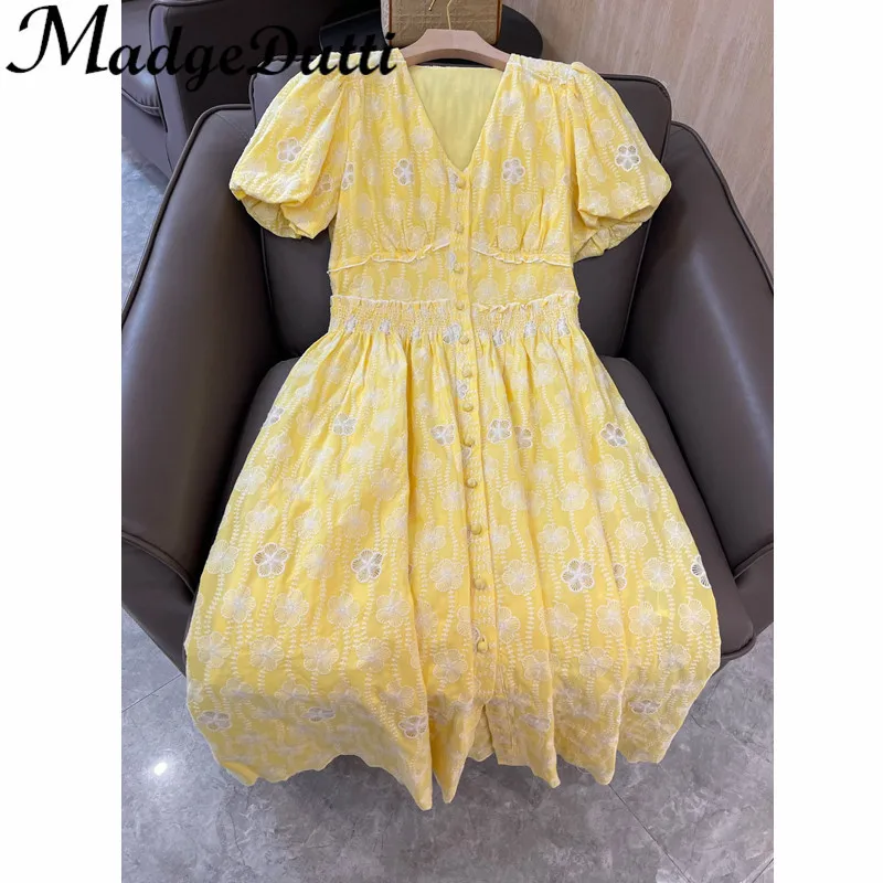 

3.29 MadgeDutti Holiday Style Embroidery Floral Print V-Neck Puff Sleeve Collect Waist Temperament Midi Dress Women