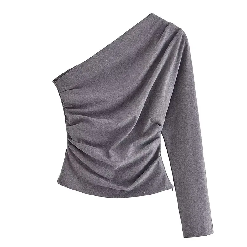 

ZATRHMBM, Новинка осени 2023, модная серая Асимметричная блузка, винтажные женские рубашки с длинным рукавом и боковой молнией, блузы, шикарные топы