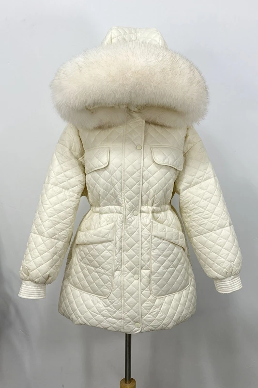 Women Duck Down Coat for Winter 2023 Lady Outfit Puffer Jacket with Big Real Fox Fur Hood Grey Black Green Cream White Plus Size