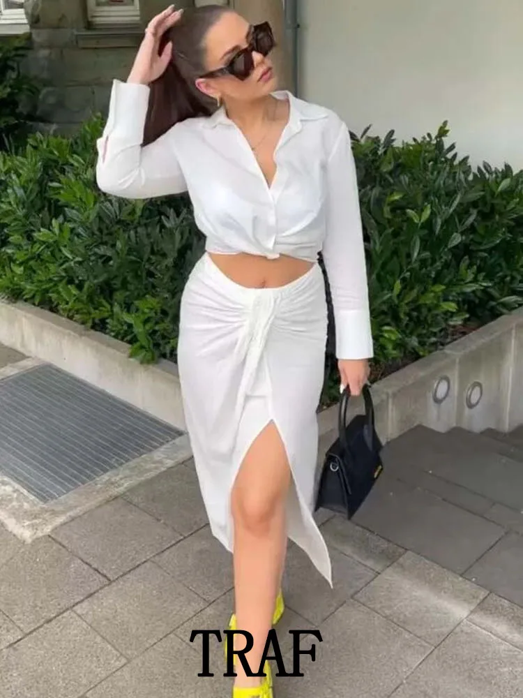 

Женский комплект из 2 предметов, льняная блузка с узлом и винтажная плиссированная длинная юбка