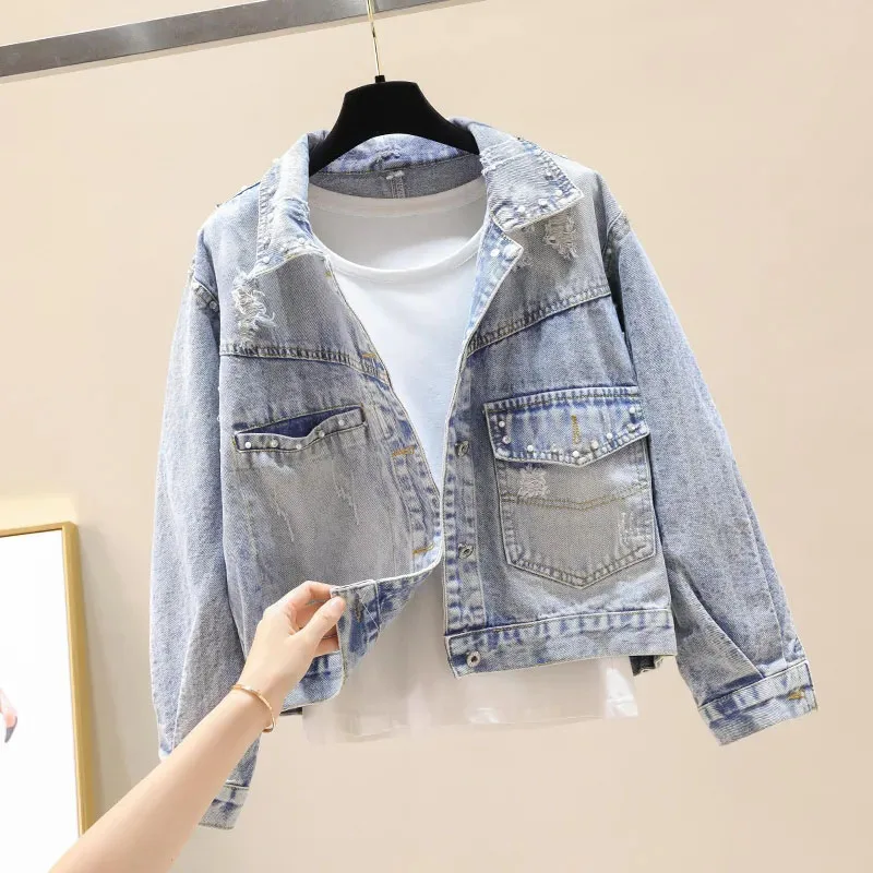 

Spring Women's Short Beaded Denim Jacket Korean Fashion Loose Top Vintage Worn-Out Hong Kong Style Jacket