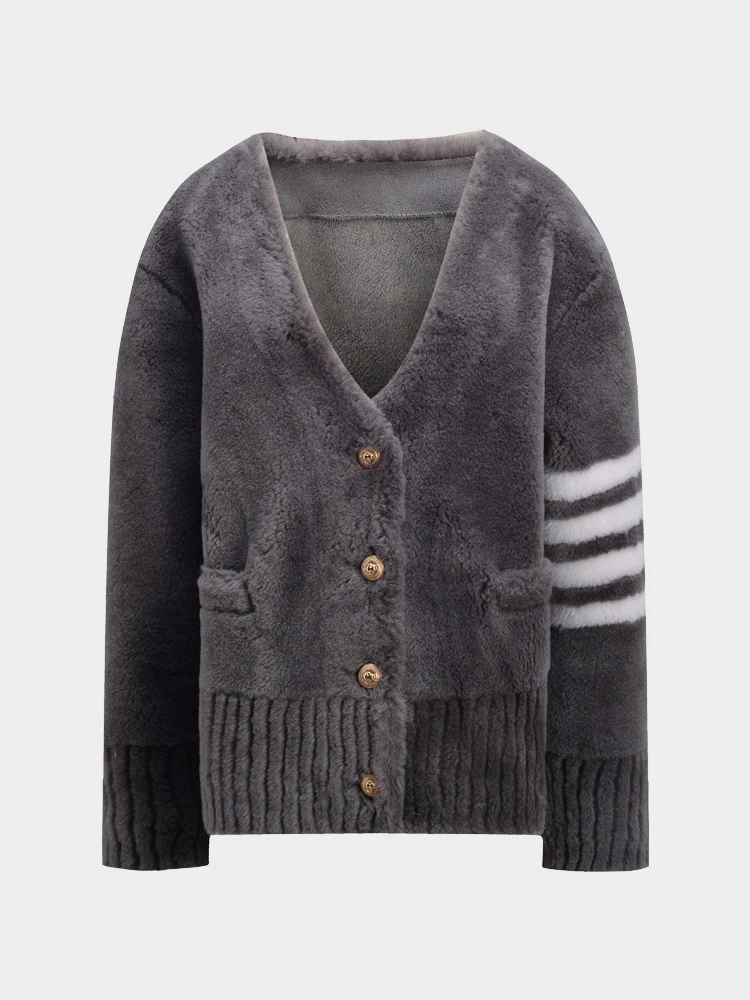 TB THOM Women's Jackets Korean Fashion Brand Winter Coat V-neck Cardigan Stripes Sheep Wool Overcoats Thick Warm Men's Jackets