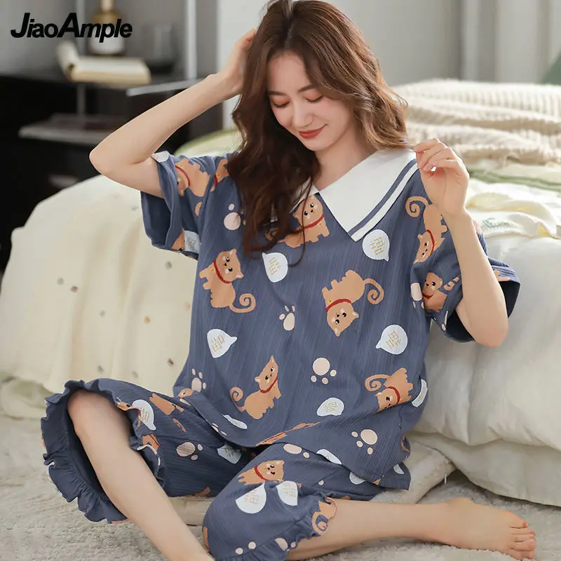 2022 Summer New Cotton Pajamas Women's Casual Short-sleeved Cropped Pijamas Two-piece Korean Cute Loose Sleepwear Nightie Set