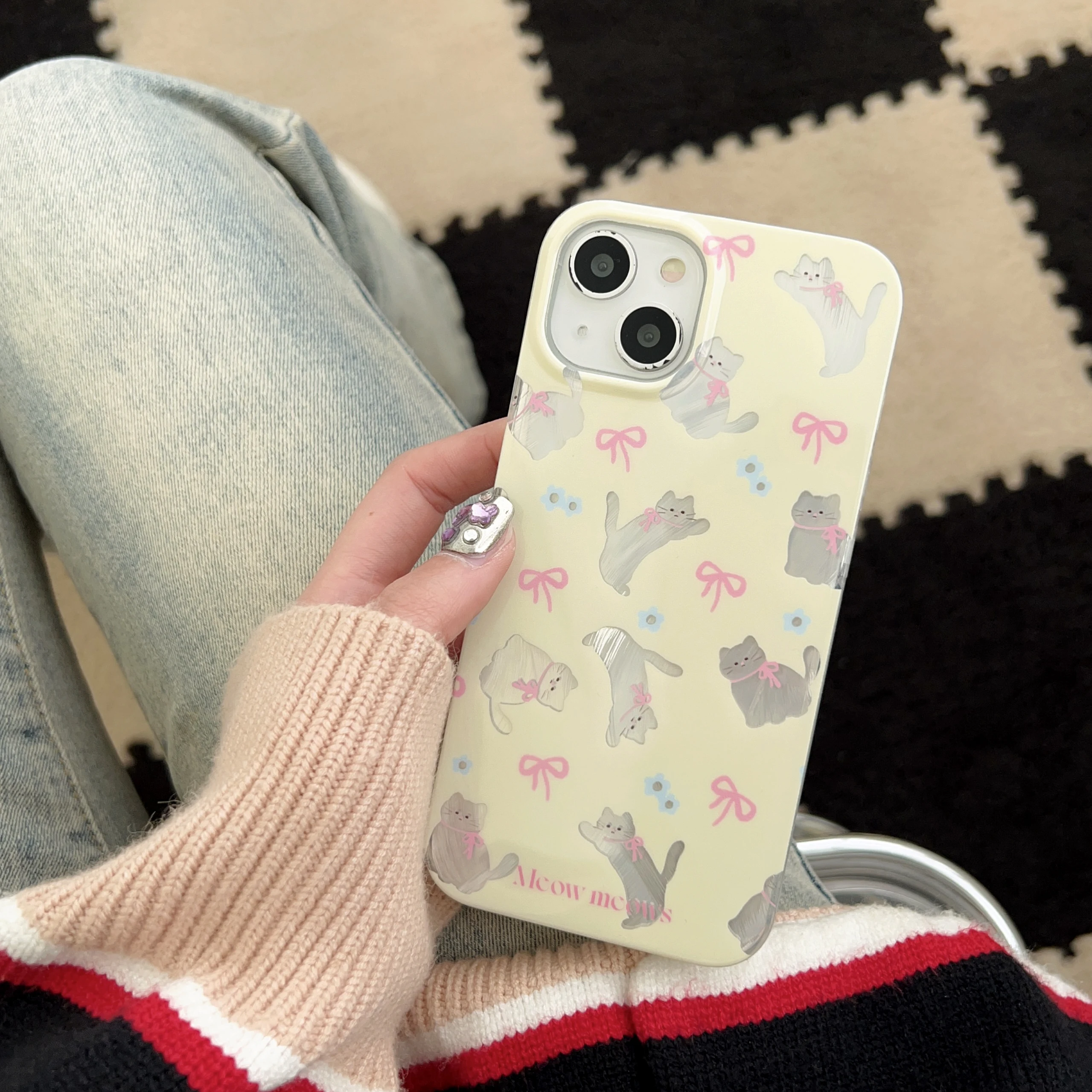 Чехол для iPhone 15 14 13 Pro Max 12 Plus с милым мультяшным котом розовым бантом лазерным