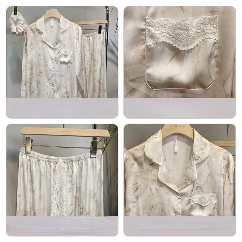 Women's 3 Piece Pajamas Sets Soft Cute Floral Pijama Faux Silk Satin Pyjama Female Sleepwear Long Sleeve Shirt Trouser Homewear