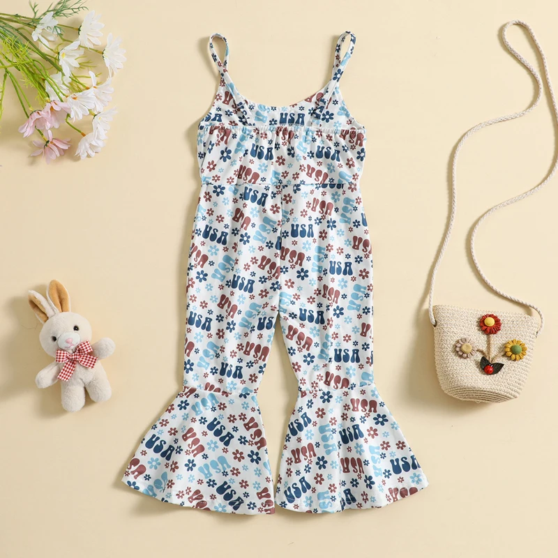 

Toddler Baby Girl Summer Fashion Flare Clothes Flower Print Spaghetti Strap Bell Bottom Romper Jumpsuit