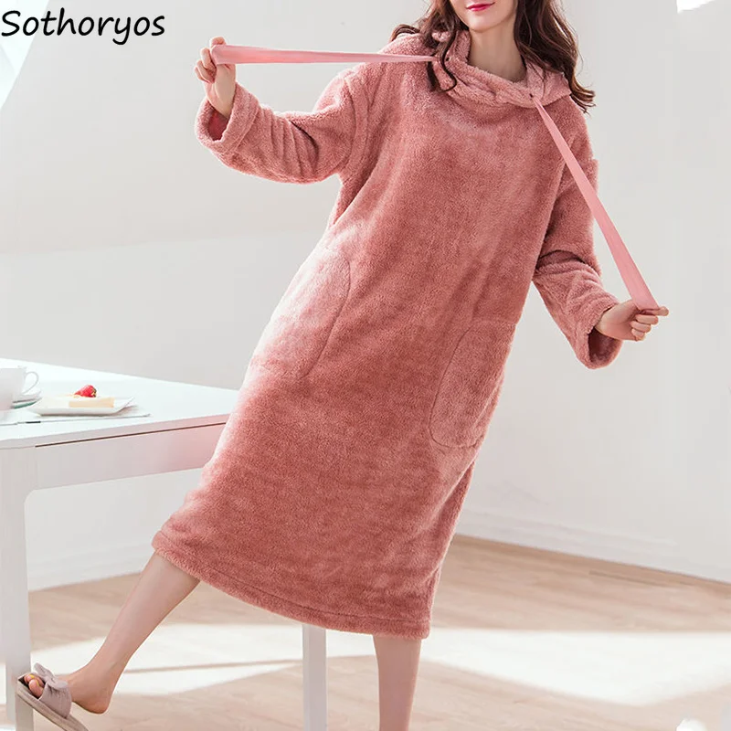 

Nightgowns Women Hooded Coral Fleece Midi Sleepshirts Winter Warm Long Sleeve Cute Loose Sleepwear Calf-length Thick Femme Solid