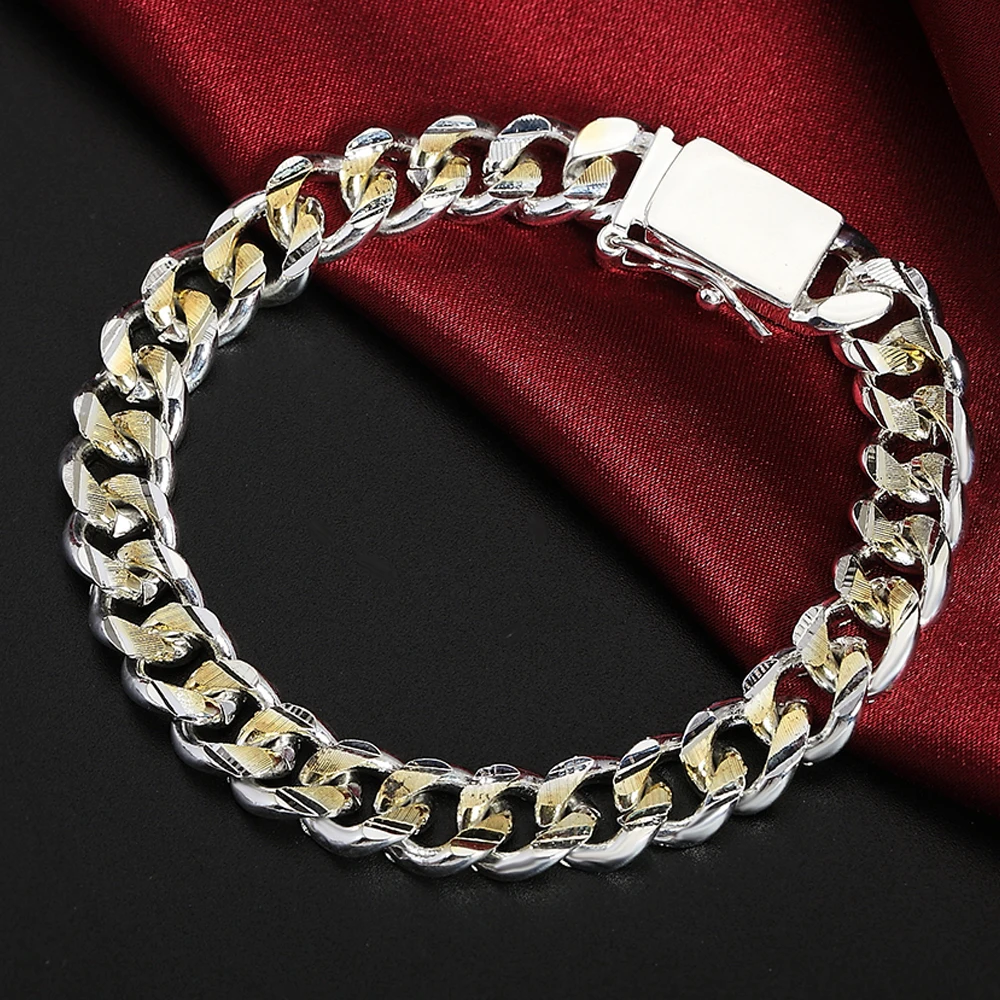 

Man 925 Stamp Golden 10MM Chain Bracelets For Women Fashion Square Bangles Wedding Party Luxury Jewelry 2021 Gift