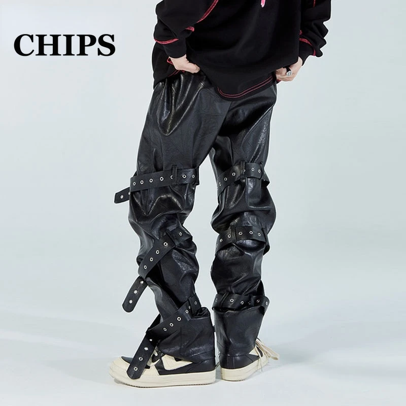 

CHIPS 2022 High Street Strap Faux Leather Wide Leg Pants Men Clothing Harajuku Streetwear Hip Hop Couple Baggy Straight Pants
