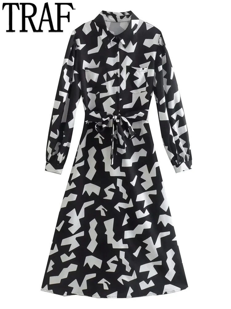 

TRAF Printed Shirt Dress Woman Tied Belt Black Long Dresses For Women 2022 Long Sleeve Summer Dresses Midi Casual Dresses